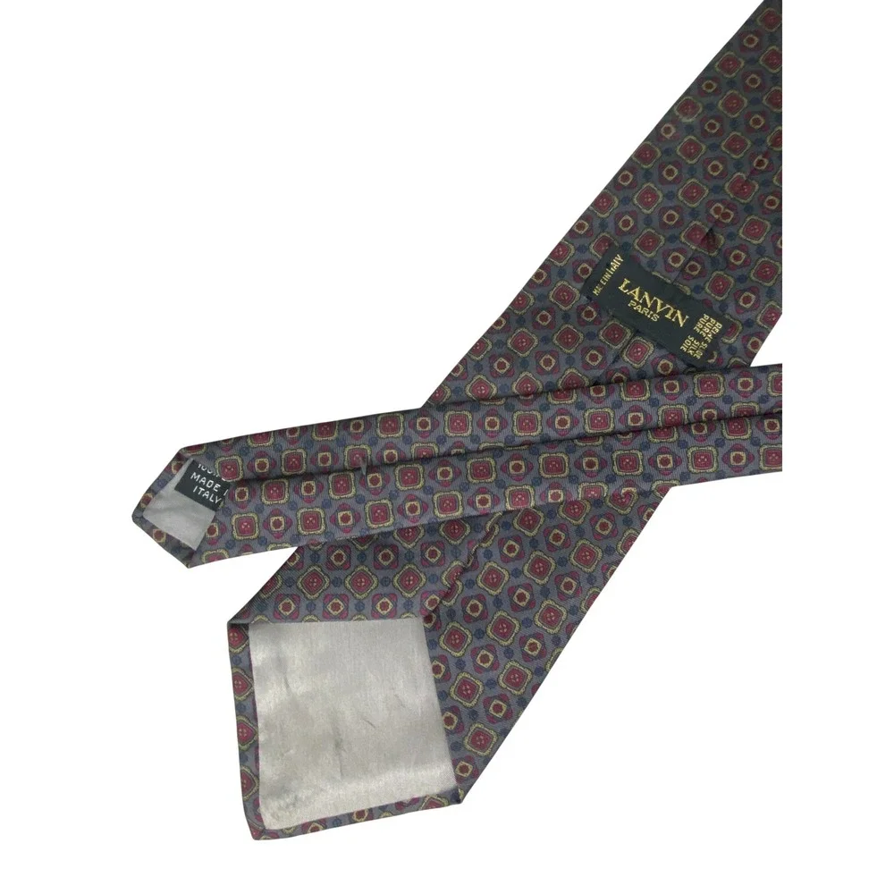 Lanvin Mens‎ Silk Tie Grey Burgundy Geometric Medallion Italy Luxury 59x3.5